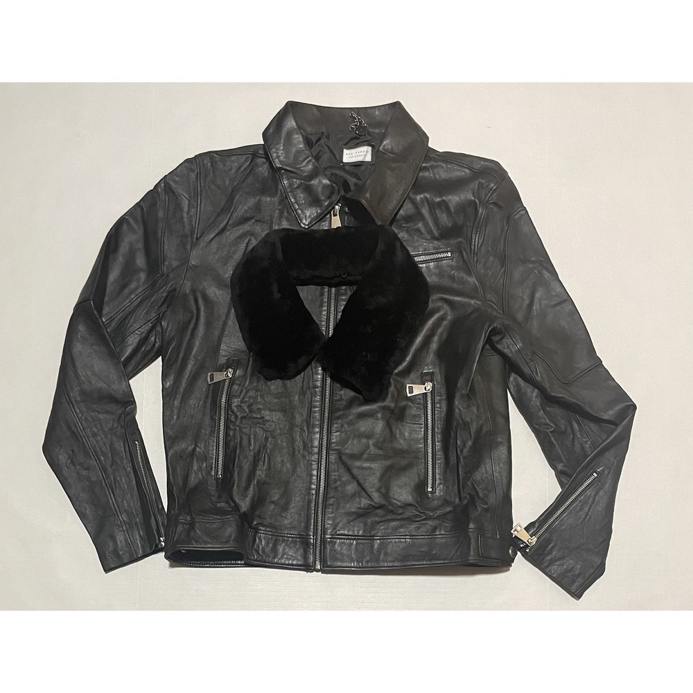 Ron Tomson Mens Black Lambskin Motorcycle Jacket Size XL 52 Removable Fur Collar